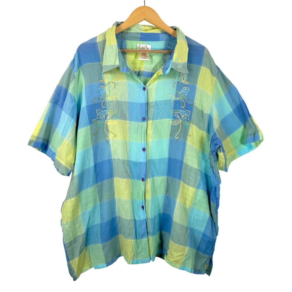 VTG Bobbie Brooks floral‎ embroidered plaid button top sz 26W
